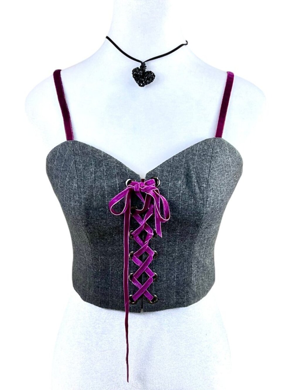 Pinstripe Crop Top Gray Purple Velvet Lace Up Front (S)